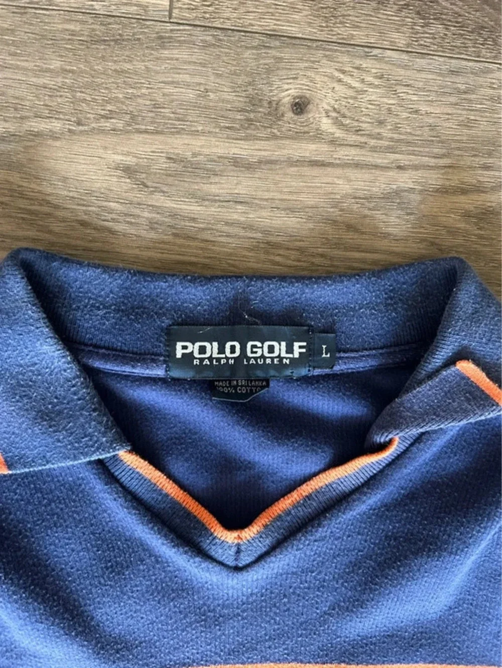 polo golf ralph lauren orange & navy striped polo L